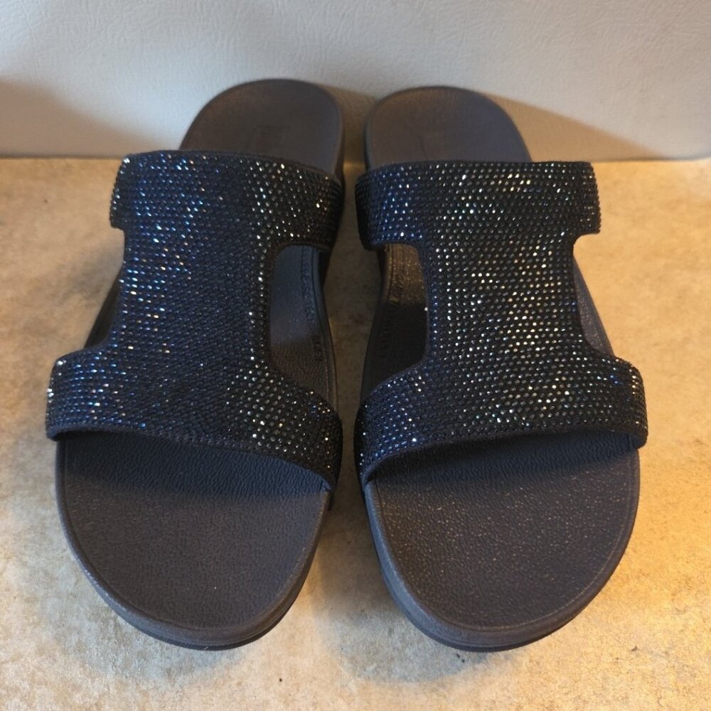 Sz 9 FITFLOP Sandals Lulu Marli Rhinestone Slide Wedge Navy Blue Sparkly 2" Heel - Picture 2 of 11